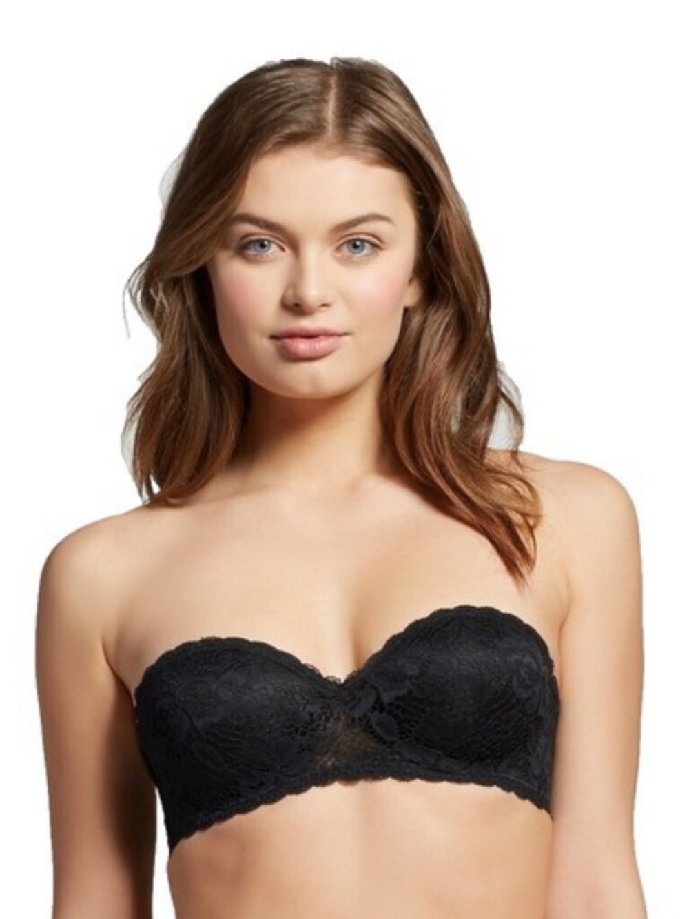 black lace strapless convertible underwire bra by the brand Xhilaration